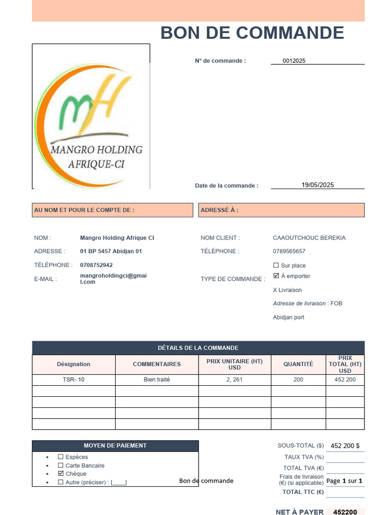 Bon de commande Mangro Holding 2025 | PDF | Taxe sur la valeur ajoutée ...