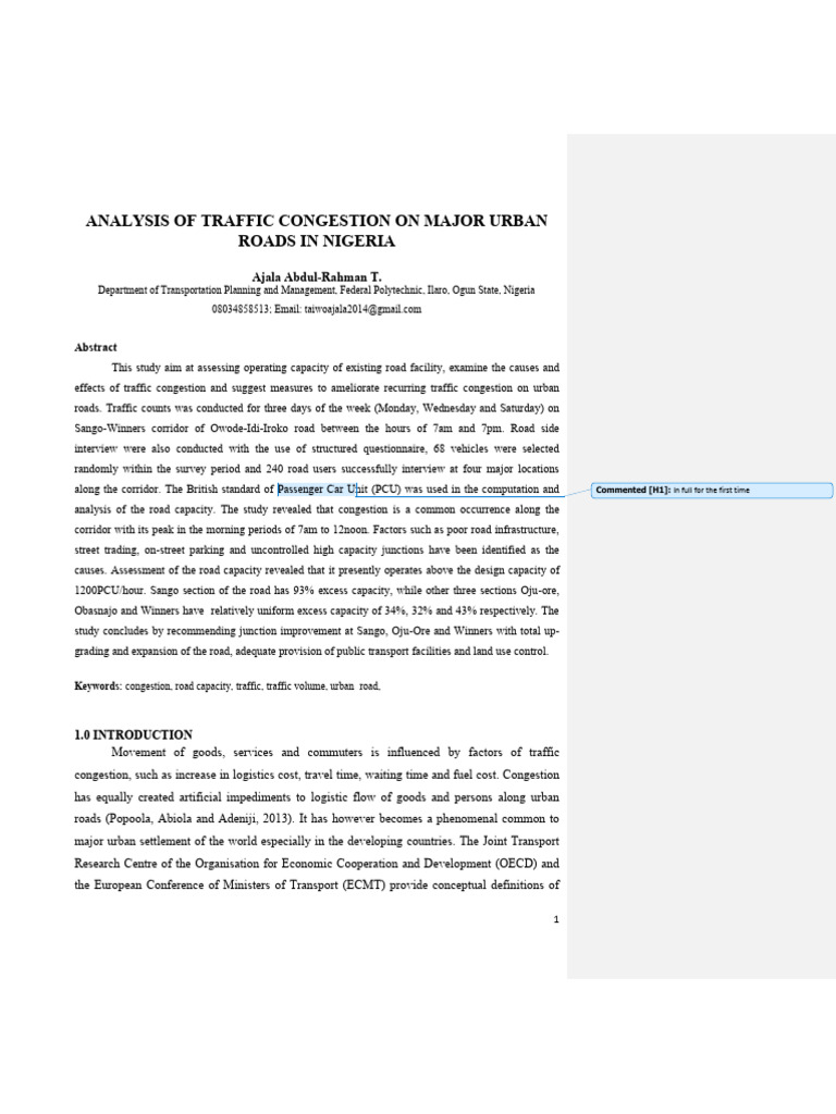Analysis of Traffic Congestion On Major Urban Roads in Nigeria | PDF ...