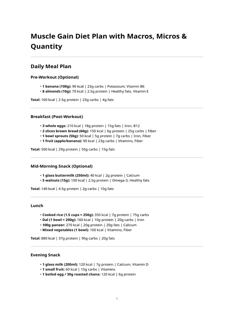 Muscle Gain Diet PDF | PDF | Carbohydrates | Milk