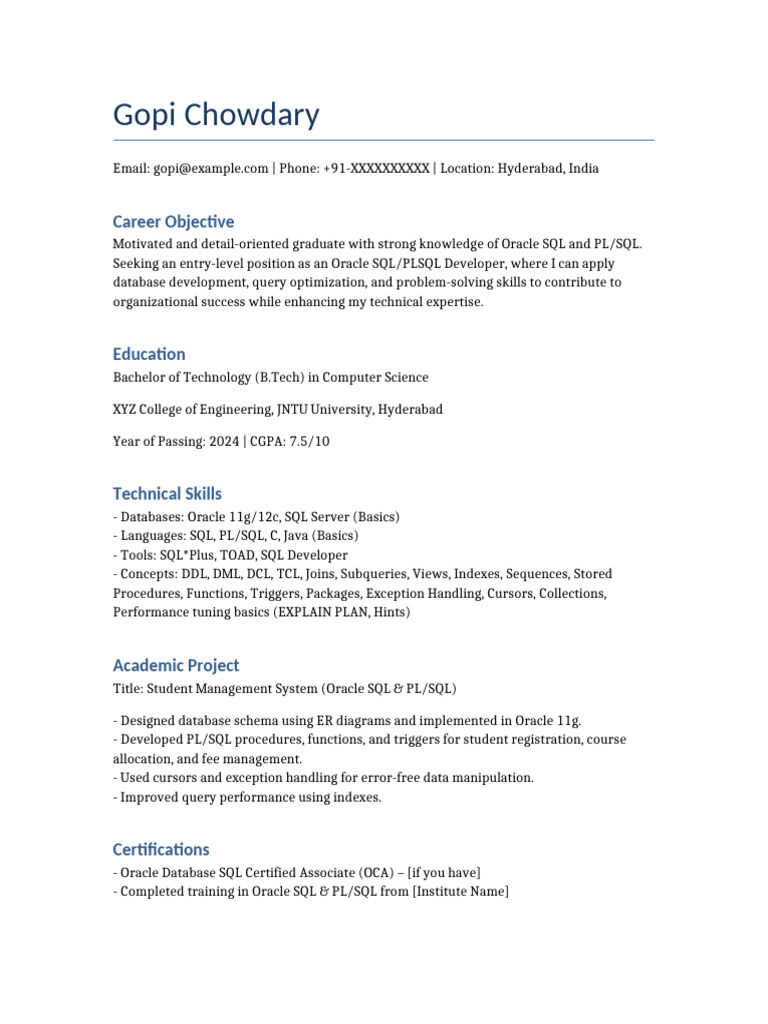SQL Developer Resume for Freshers | PDF