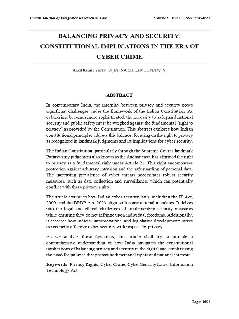Privacy vs. Security in Indian Cyber Law | PDF | Computer Security ...