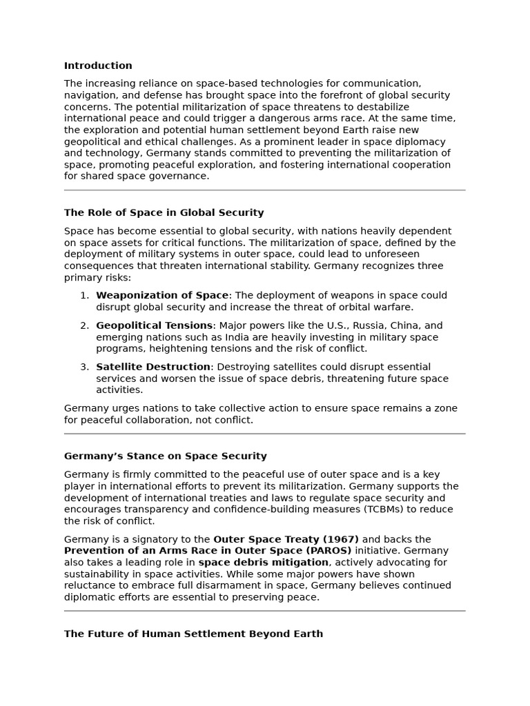 Position Paper - Germany (UNSC) | PDF | Space Exploration ...
