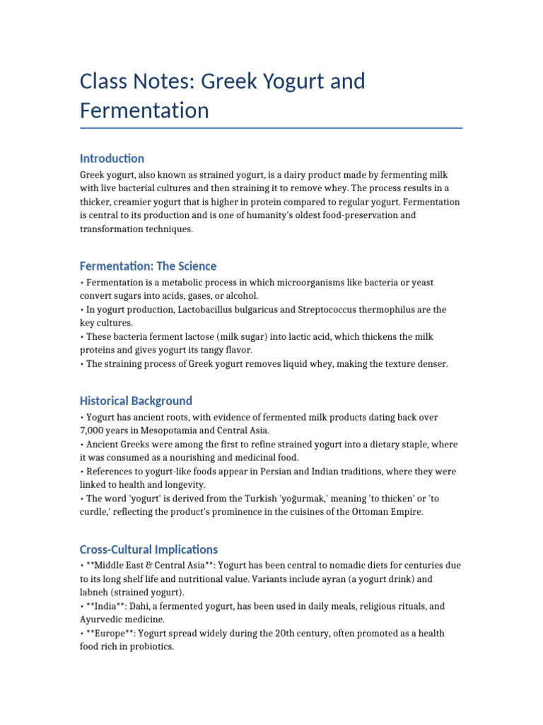 Greek Yogurt and Fermentation Class Notes | PDF | Yogurt | Foods