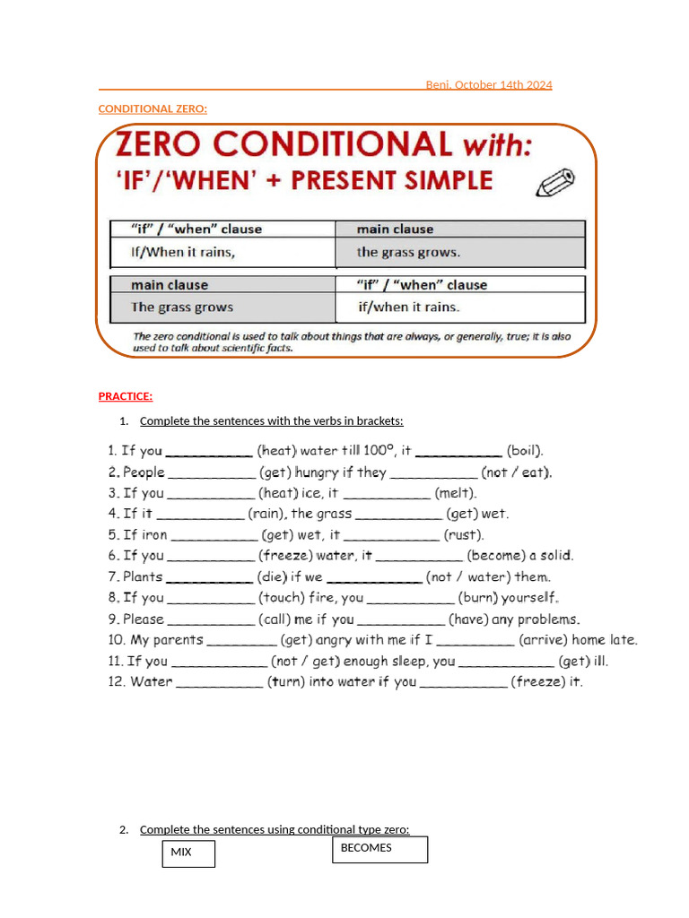 Zero Conditional Practice Exercises | PDF