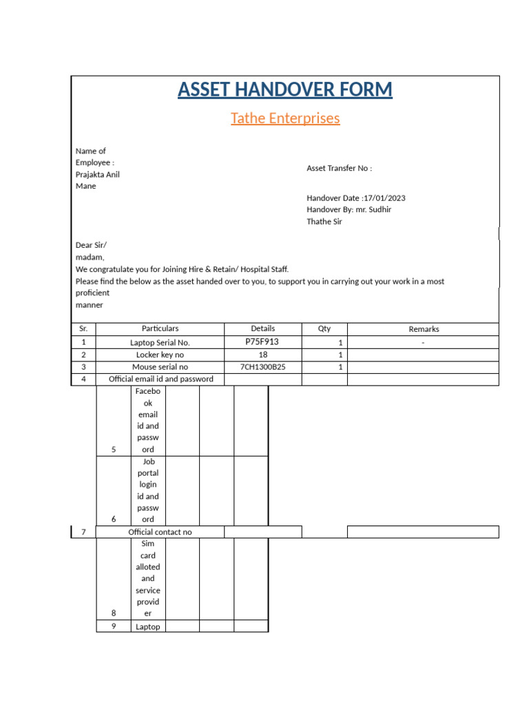 Asset Handover Form of Prajakta Anil Mane | PDF