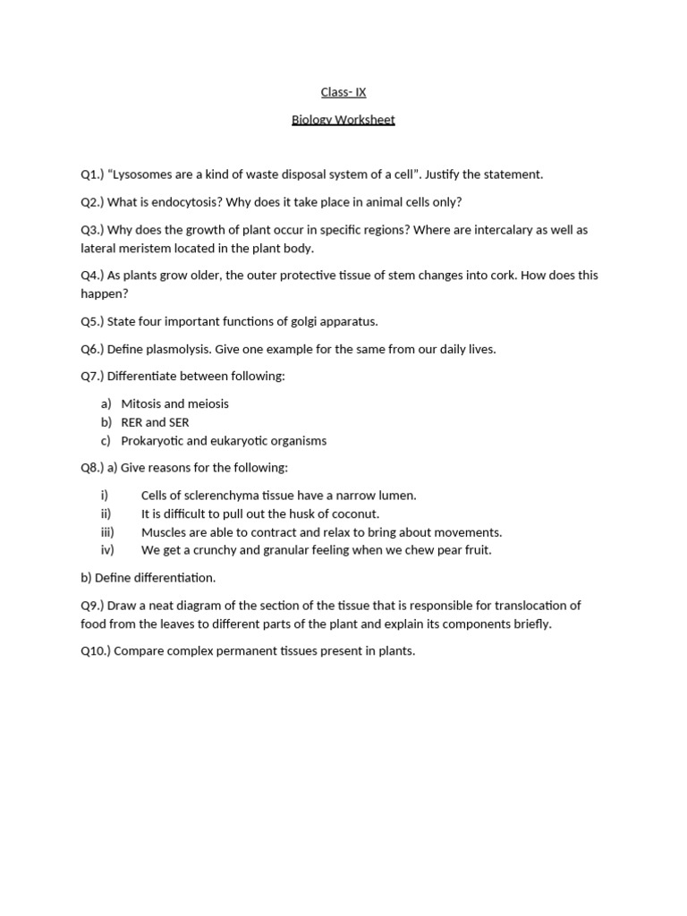 Class IX Biology Worksheet on Cells and Tissues | PDF