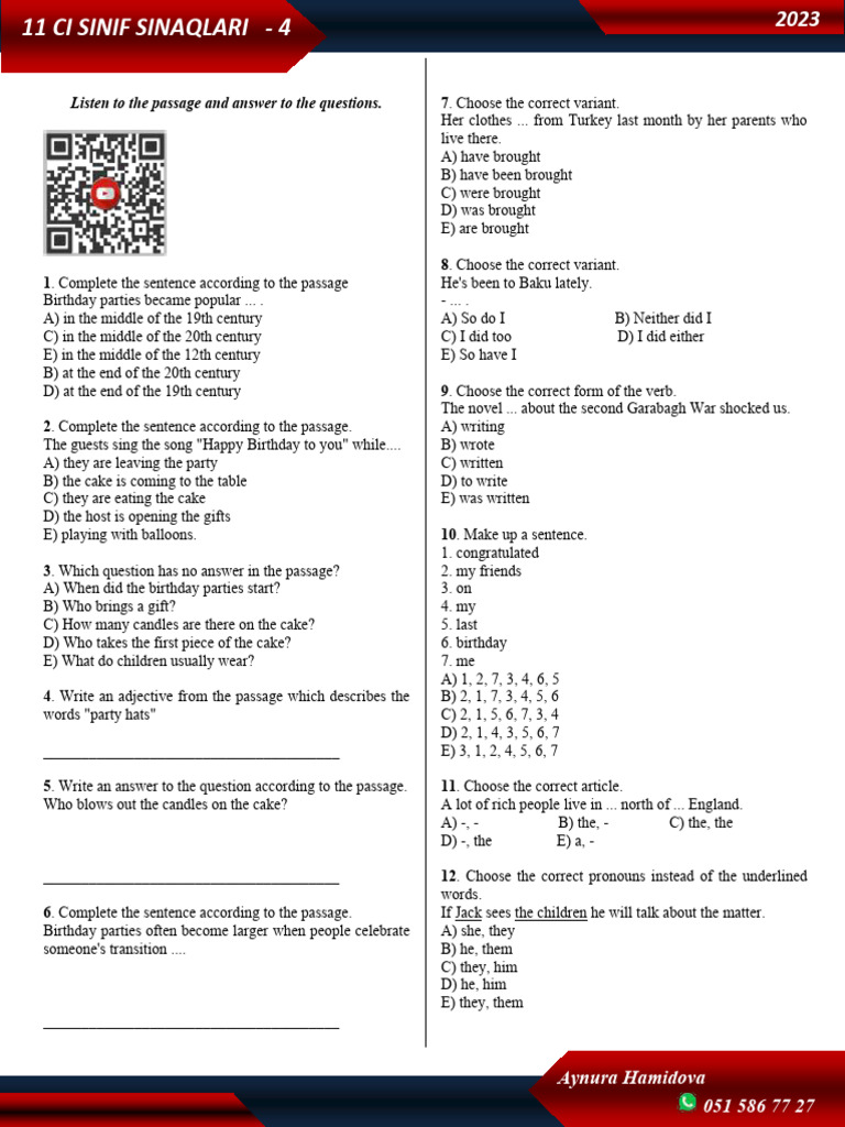11th Grade English Exam Questions | PDF | Linguistics
