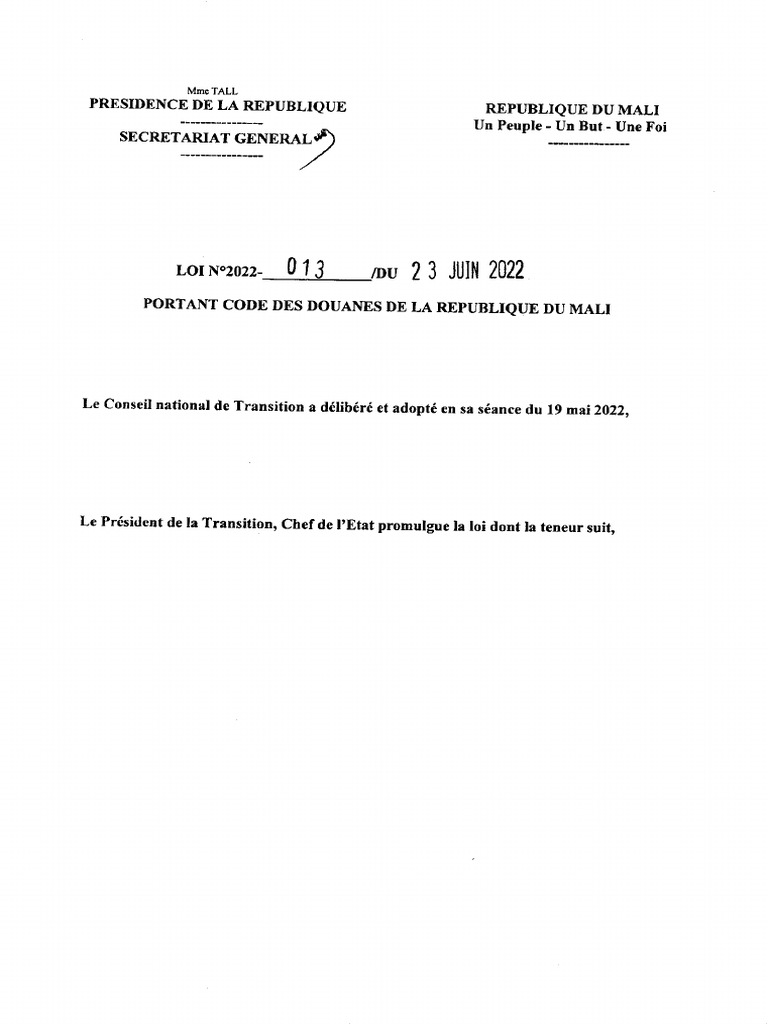 Nouveau Code des Douanes du Mali | PDF | Transport | Impôts