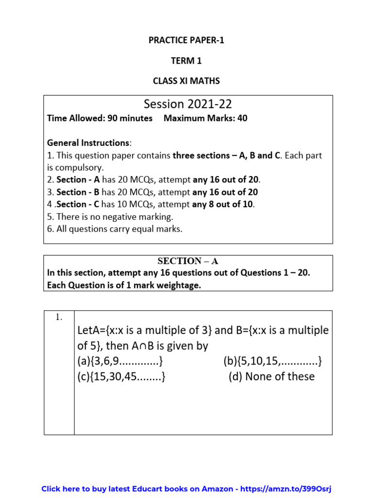 Class XI Maths Term 1 Practice Paper | PDF | Chess Theory | Chess