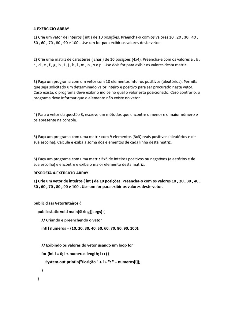 Exercícios de Arrays em Java | PDF | Matriz (Matemática) | Matemática