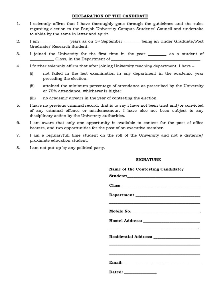 Candidate Declaration for University Election | PDF | Chess Theory | Chess