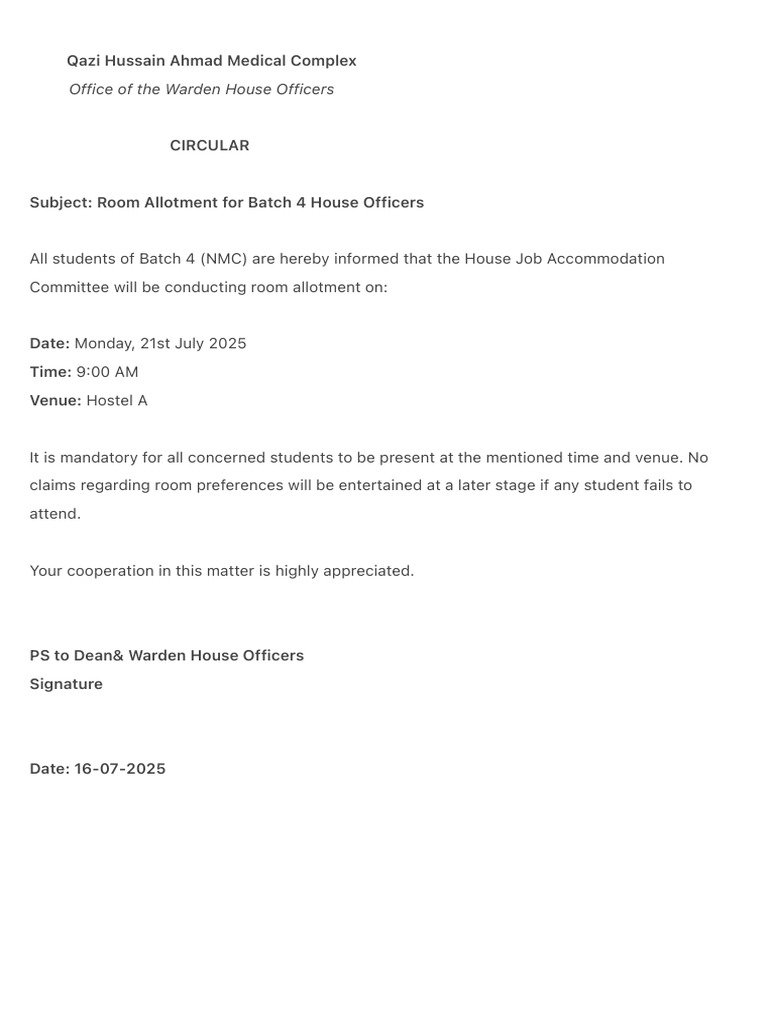 Room Allotment for Batch 4 House Officers | PDF