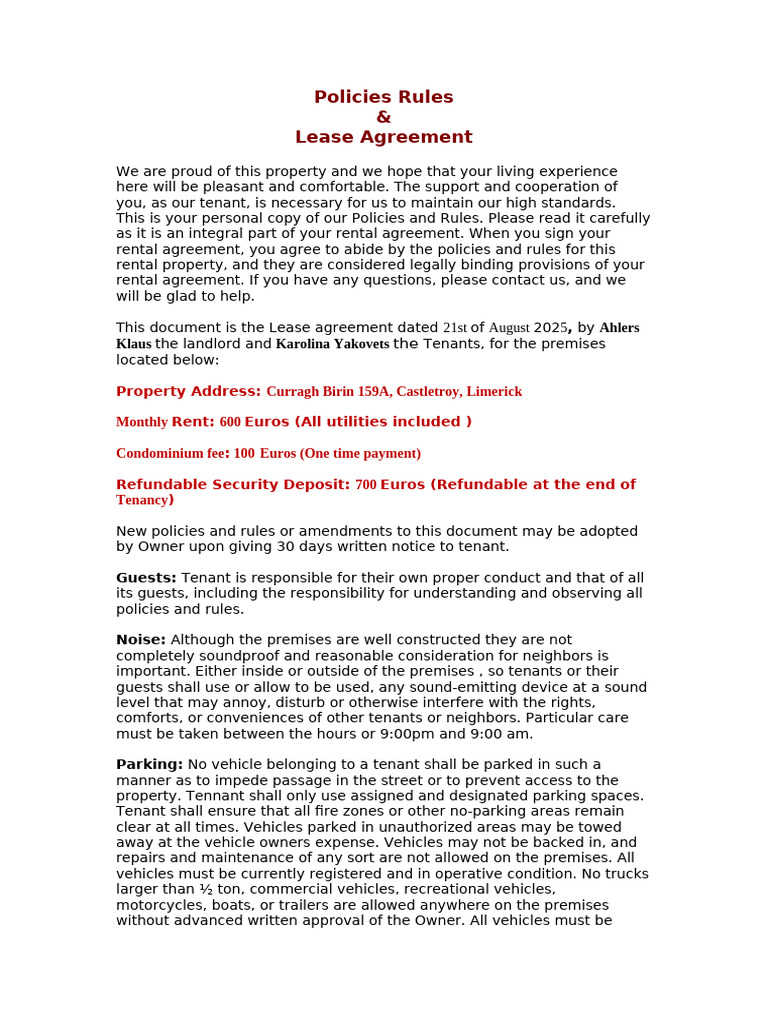 Tenant Policies and Lease Agreement | PDF | Lease | Leasehold Estate
