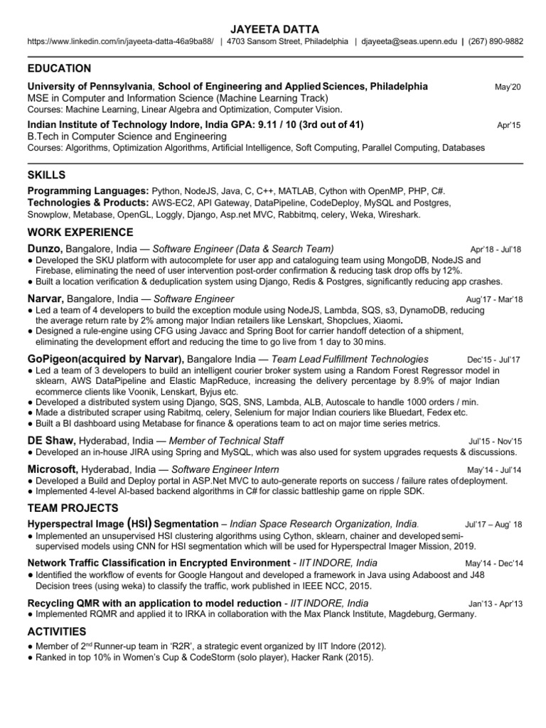 Jayeeta Datta: Software Engineer CV | PDF | Computing | Software ...