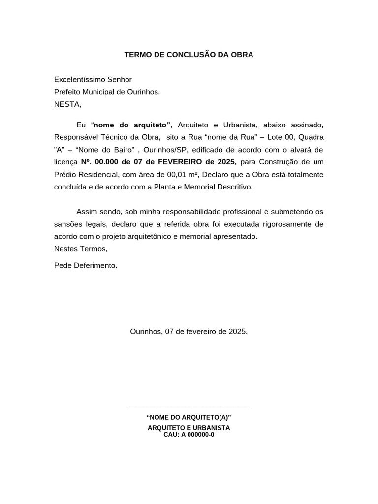 TERMO DE CONCLUSÃO DE OBRA - Modelo 1 | PDF