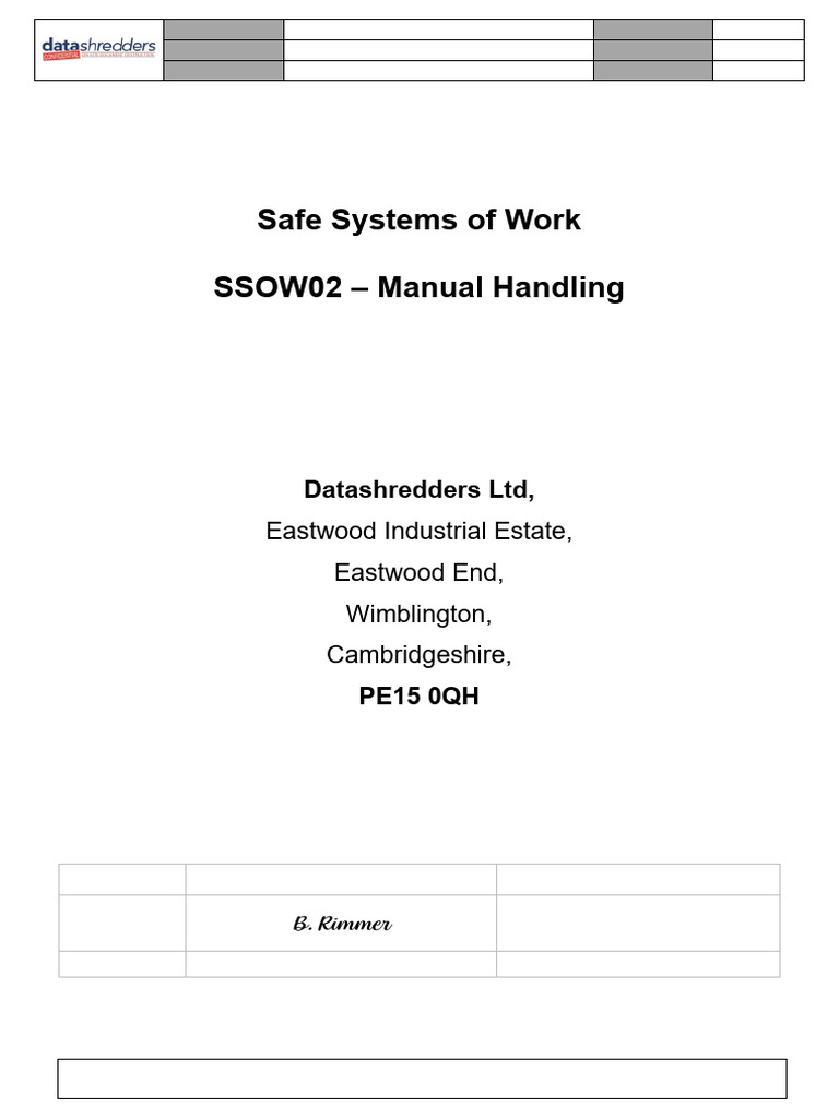 Manual Handling Safe System of Work | PDF | Occupational Safety And ...