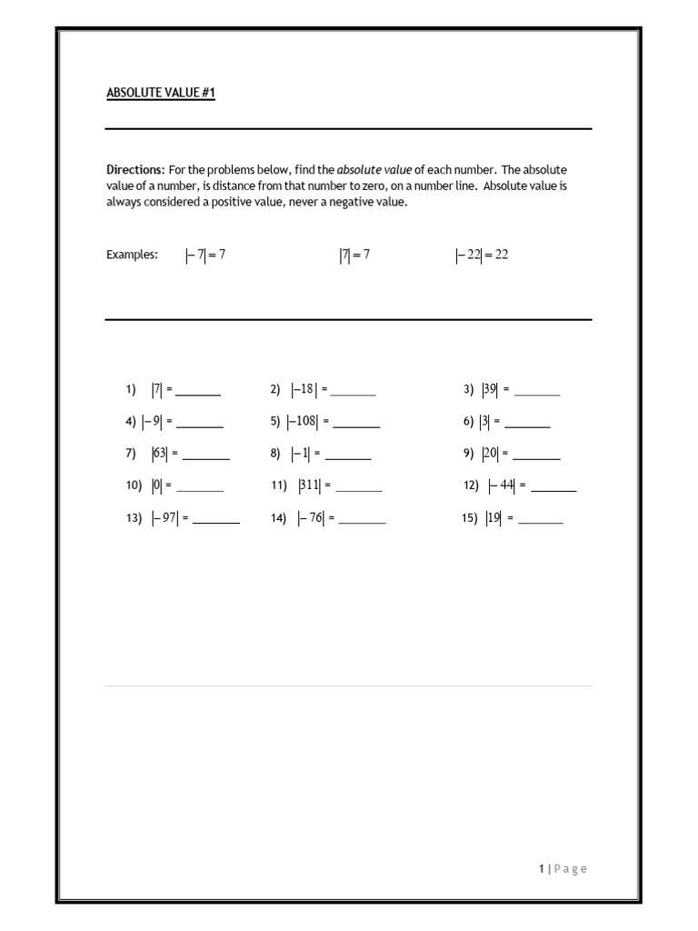 Absolute Value Practice Worksheet | PDF