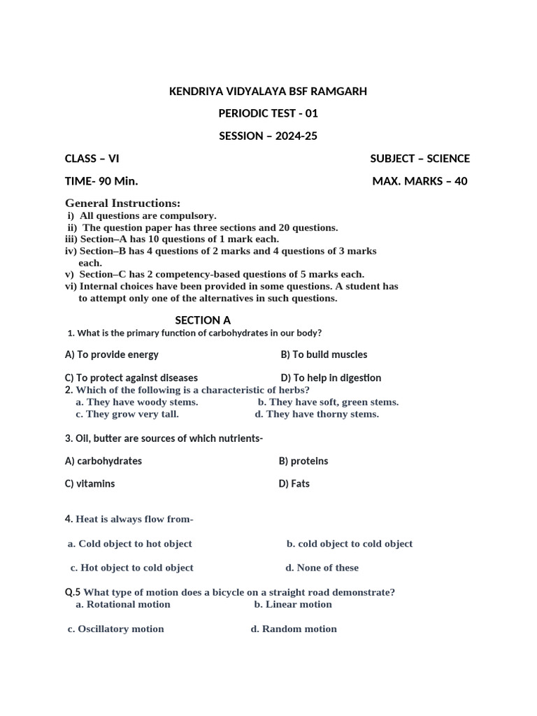 Class VI Science Periodic Test 2024-25 | PDF | Foods | Seed