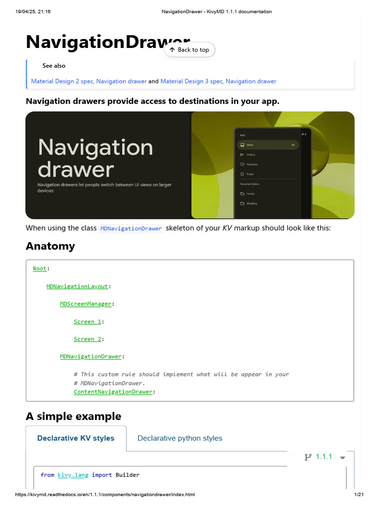 KivyMD 1.1.1 Navigation Drawer Guide | PDF | Software | Computing