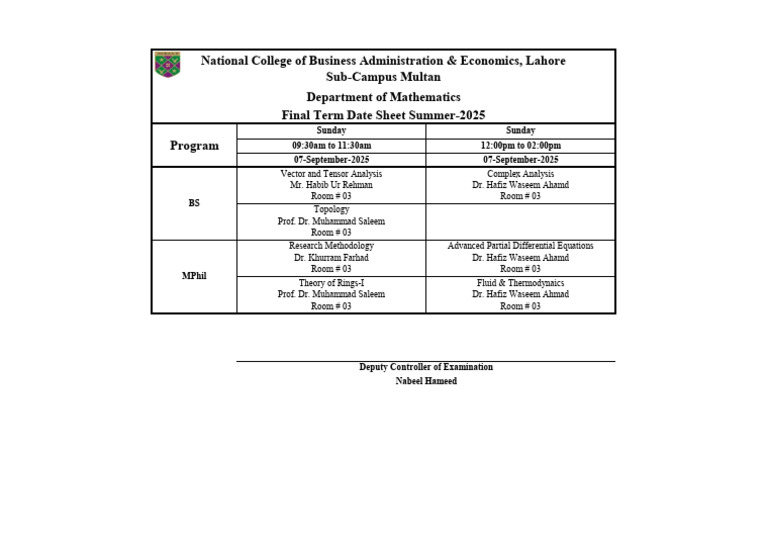 MPhil Final Term Date Sheet 2025 | PDF