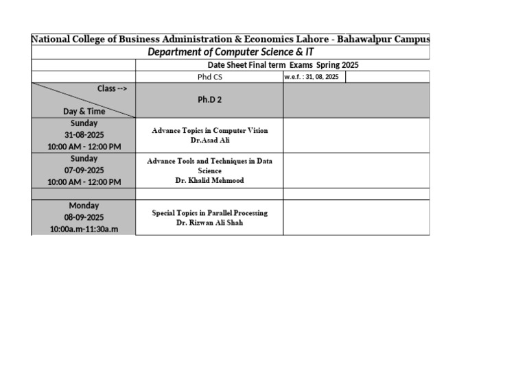 PhD CS Final Exam Schedule Spring 2025 | PDF