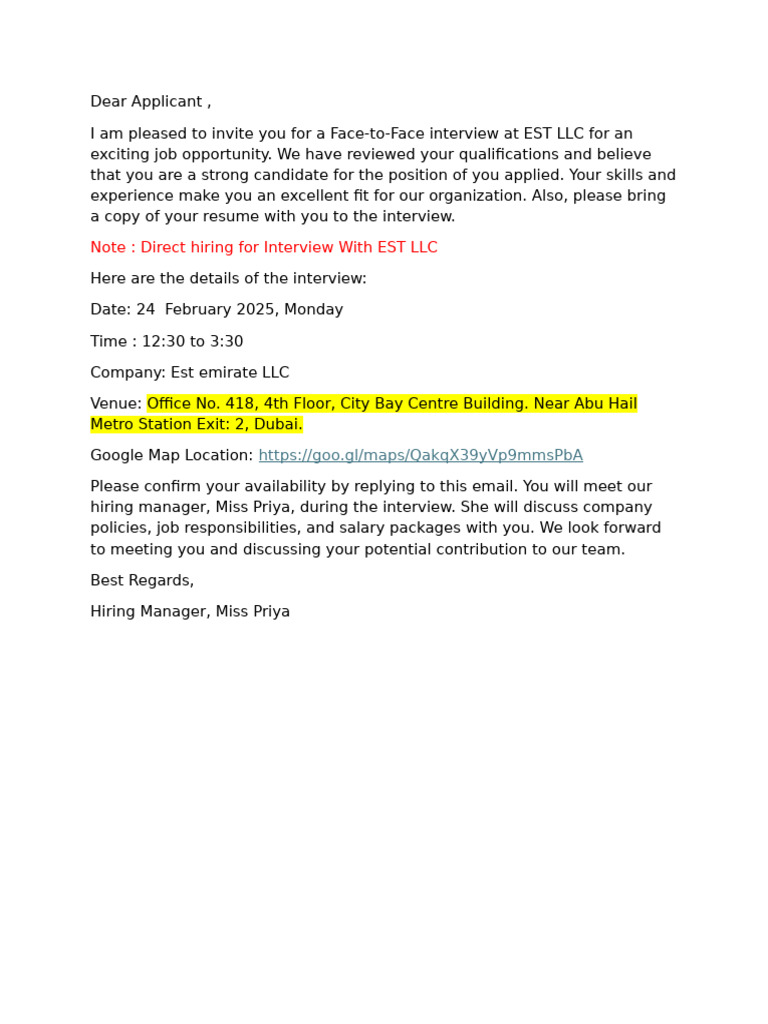 Interview Invitation EST LLC | PDF