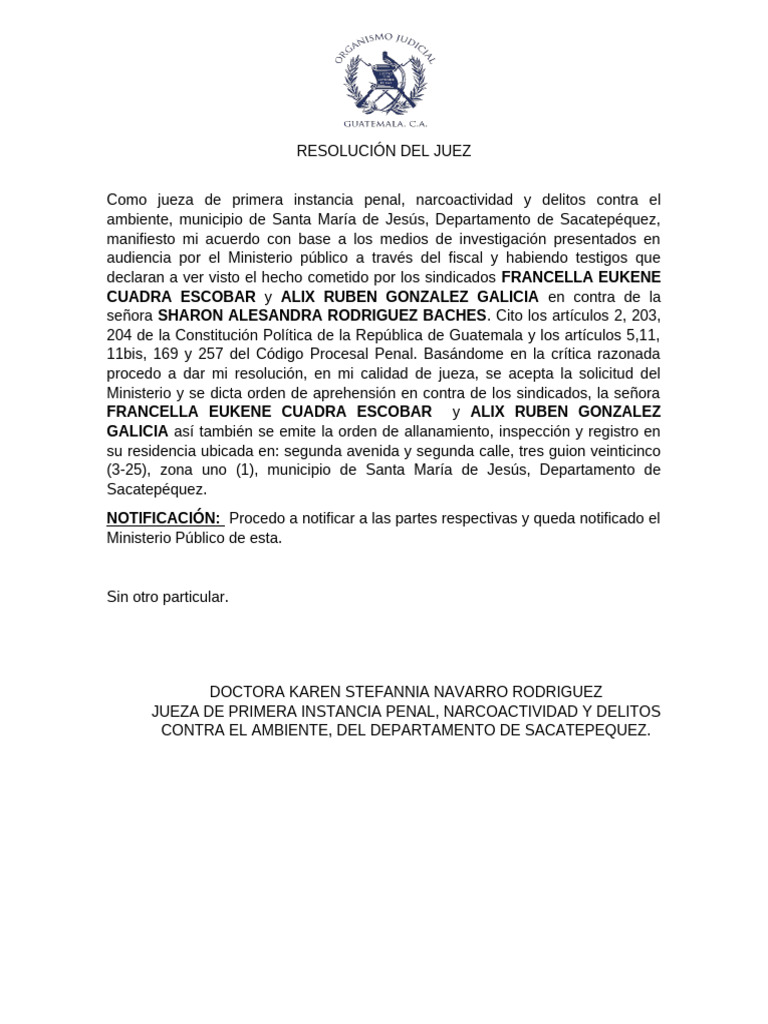 Resolución y Notificación Del Juez de La Orden de Aprehensión | PDF