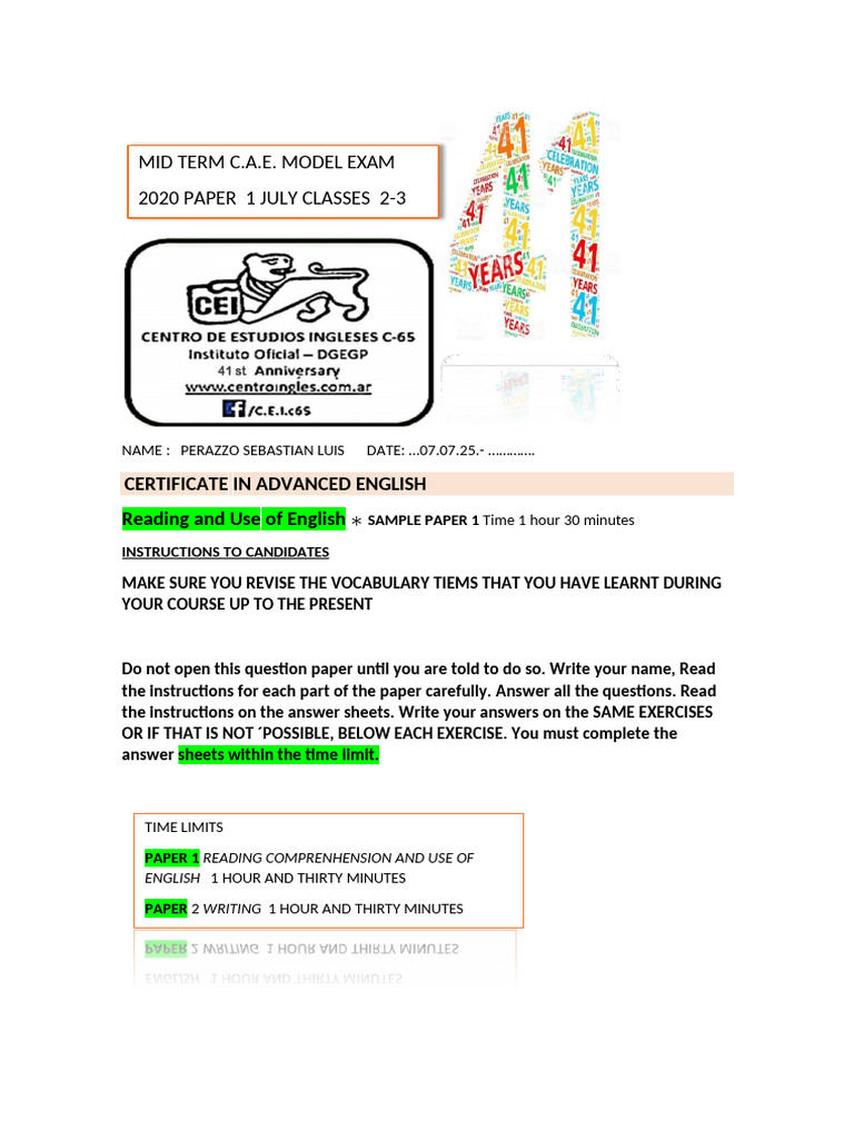 CAE Exam Sample Paper Time Limits | PDF | Color | Image