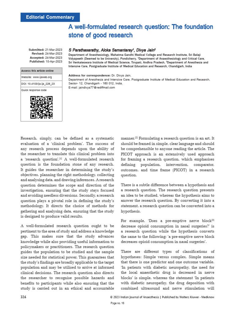 Crafting Effective Research Questions | PDF | Hypothesis | Anesthesia