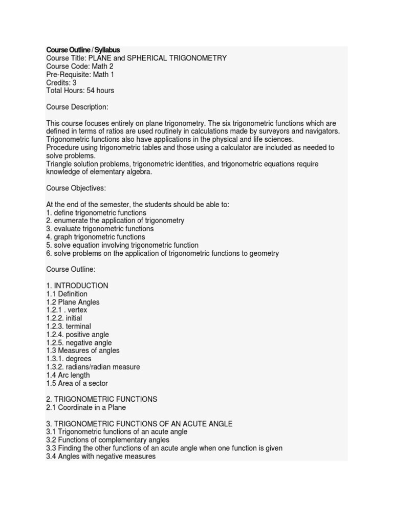 Course Outline | PDF | Trigonometric Functions | Integral
