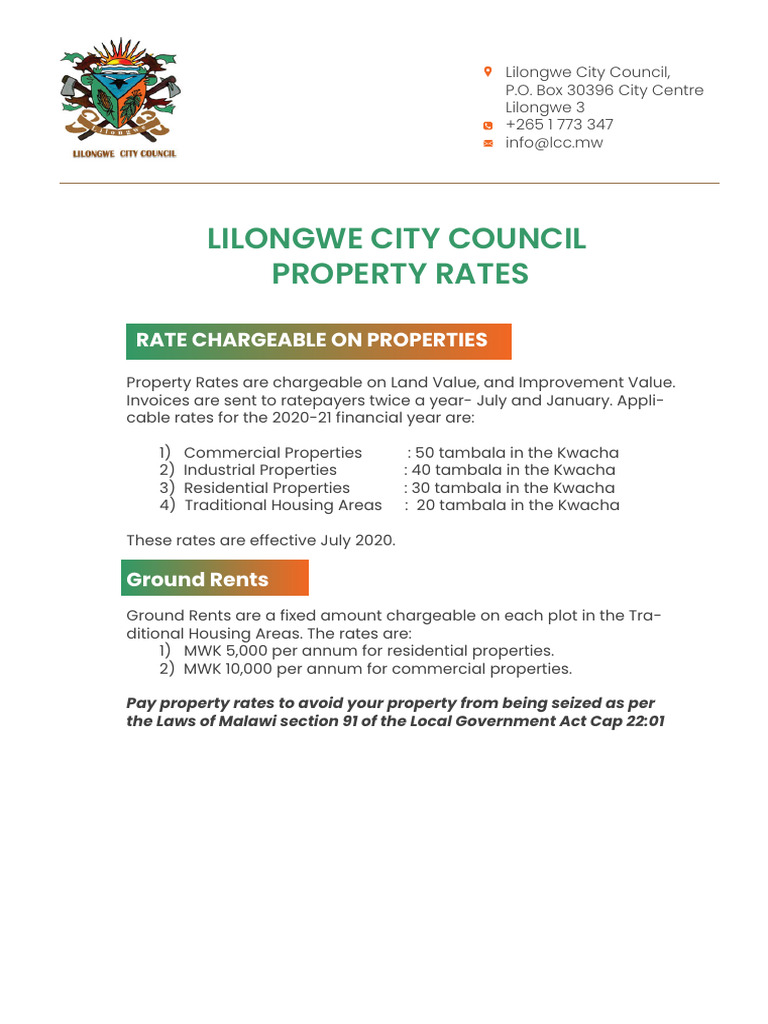 Lilongwe City Council Property Rates 2020 | PDF