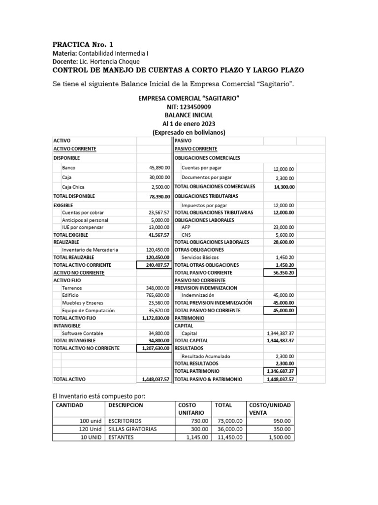 Practica Nro 1 Intermedia | PDF | Hoja de balance | Contabilidad
