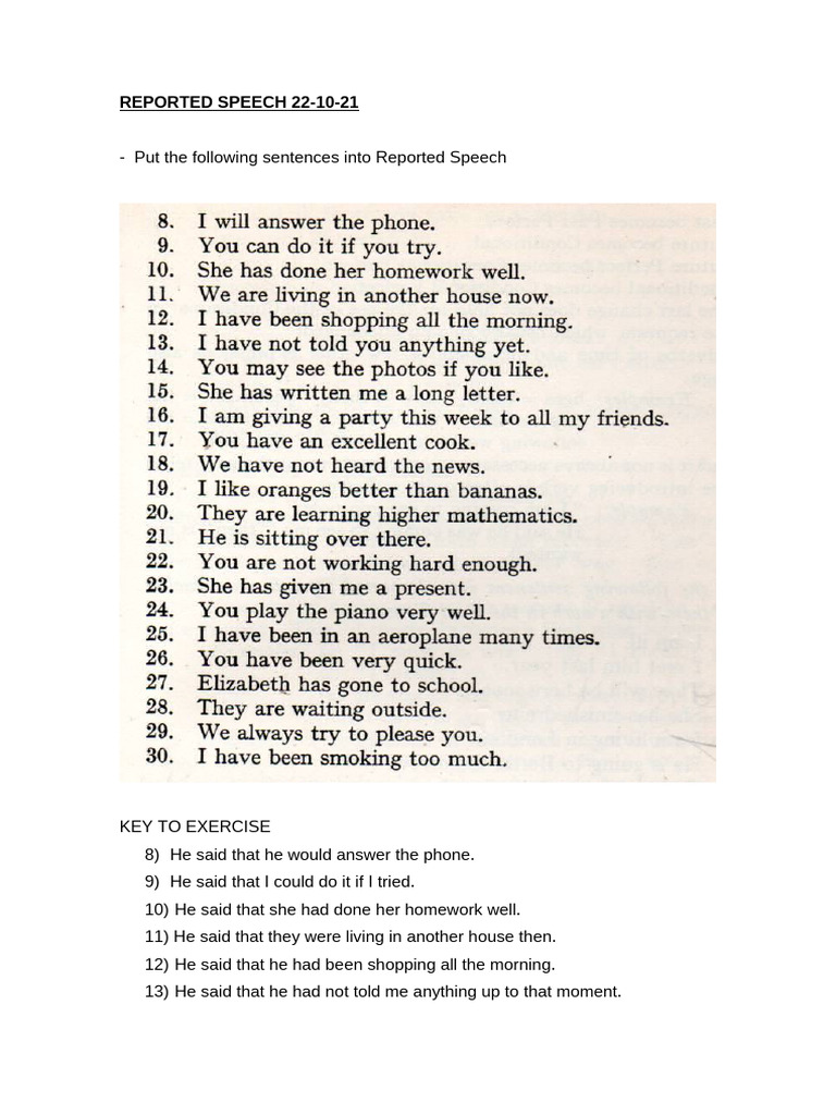 Reported Speech Exercises and Answers | PDF