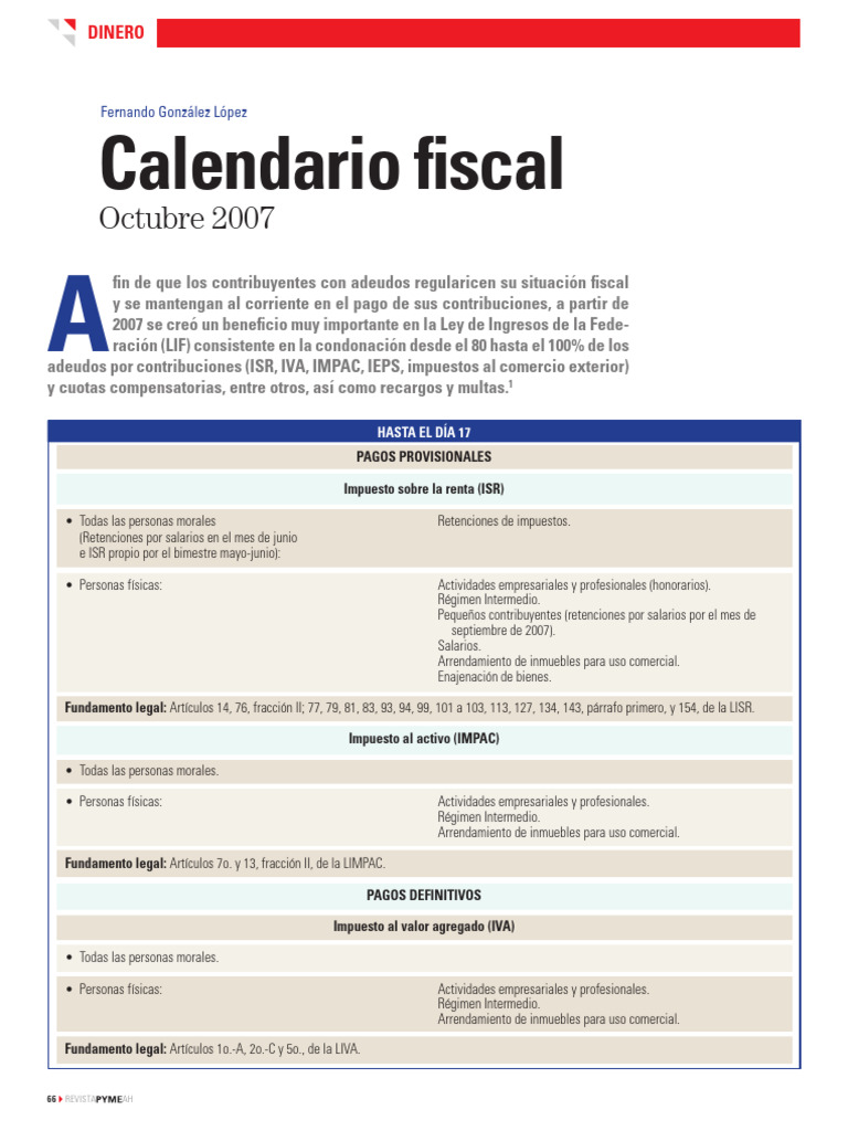 Calendario Fiscal Octubre 2007 | PDF | Impuesto sobre la renta | Impuestos