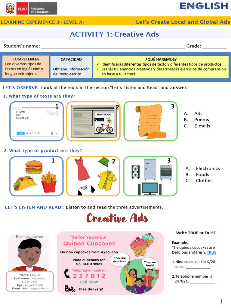 ENG4-U4 Level A1 - Activity 1 - Creative Ads | PDF