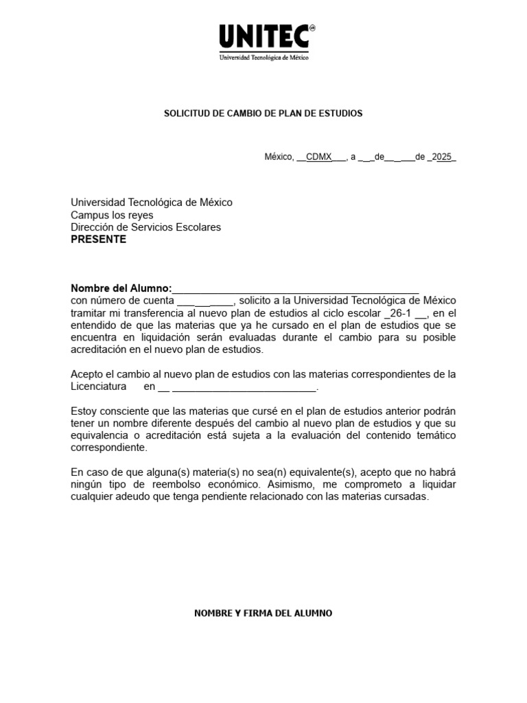 Solicitud de Cambio de Plan de Estudios | PDF