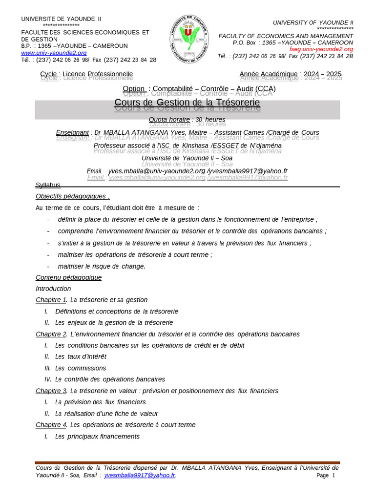 Cours de Gestion de La Trésorerie - L3 - CCA - 2025 | PDF | Fonds de ...