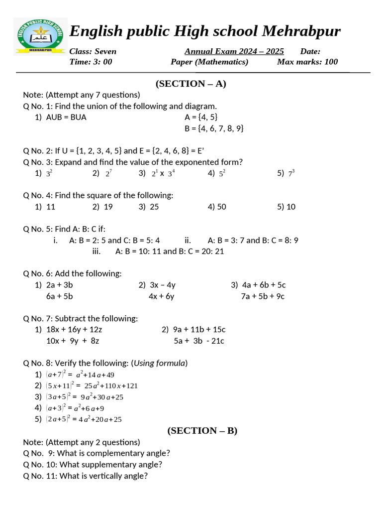 7th Grade Math Exam Paper 2024-2025 | PDF | Mathematics | Number Theory