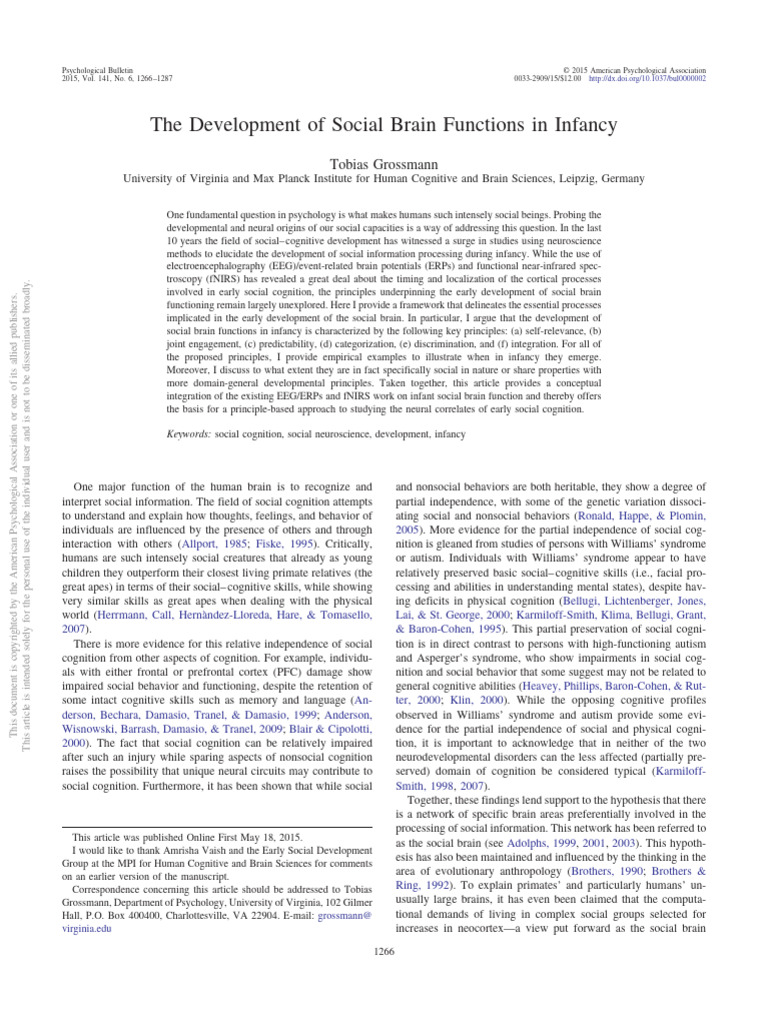 Social Brain Development in Infancy | PDF | Prefrontal Cortex | Psychology