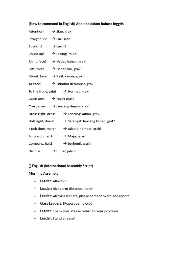 English Commands for Morning Assembly | PDF