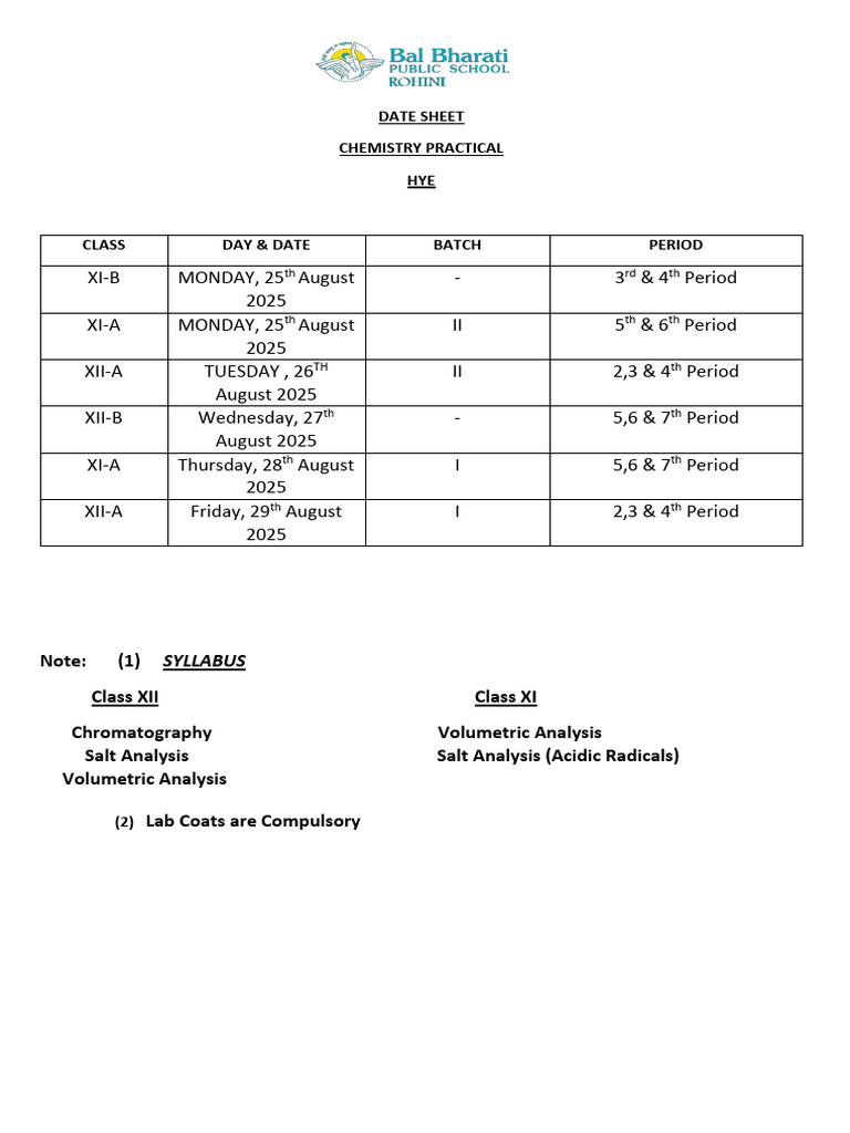 Chemistry Practical Date Sheet 2025 | PDF