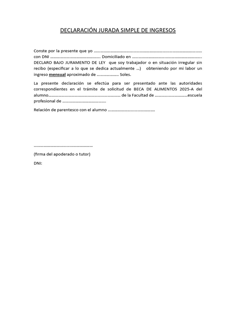 Declaración Jurada Simple de Ingresos | PDF