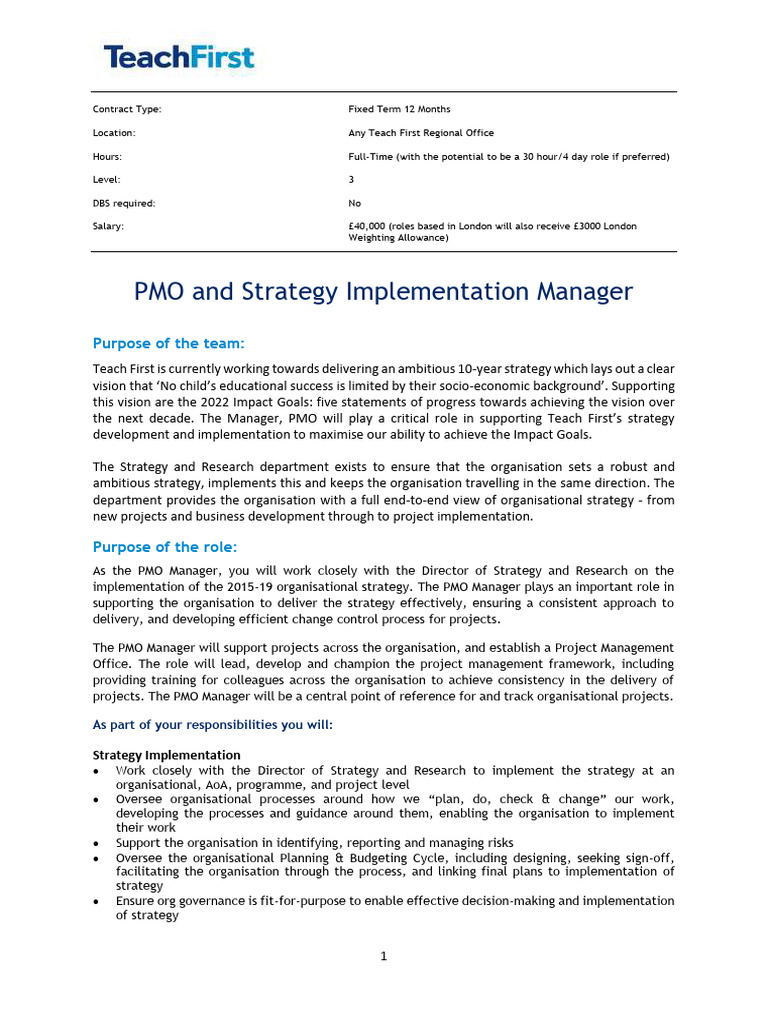 PMO and Strategy Manager Role at Teach First | PDF | Project Management ...
