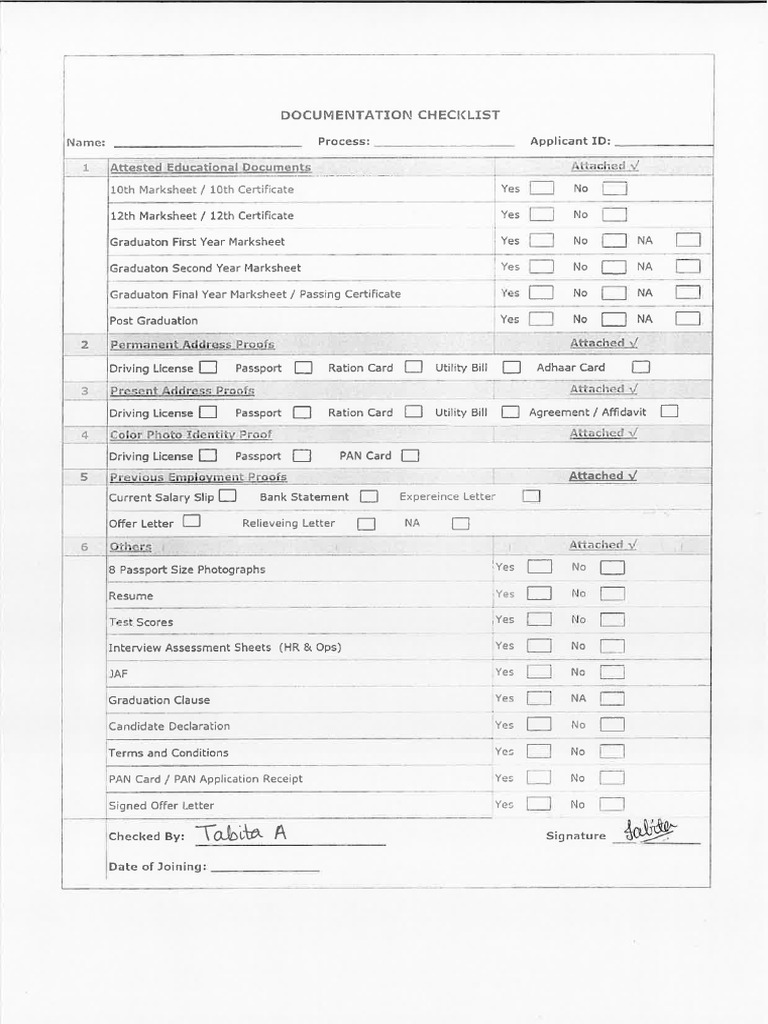 Docments Checklist Form | PDF
