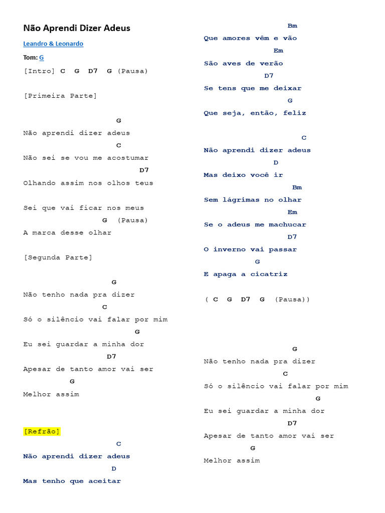 Não Aprendi Dizer Adeus - Letra e Cifras | PDF