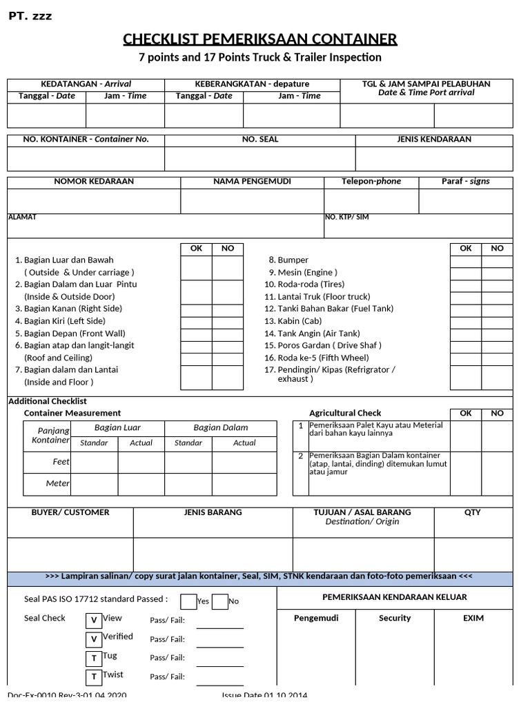 Pemeriksaan Checklist Container | PDF