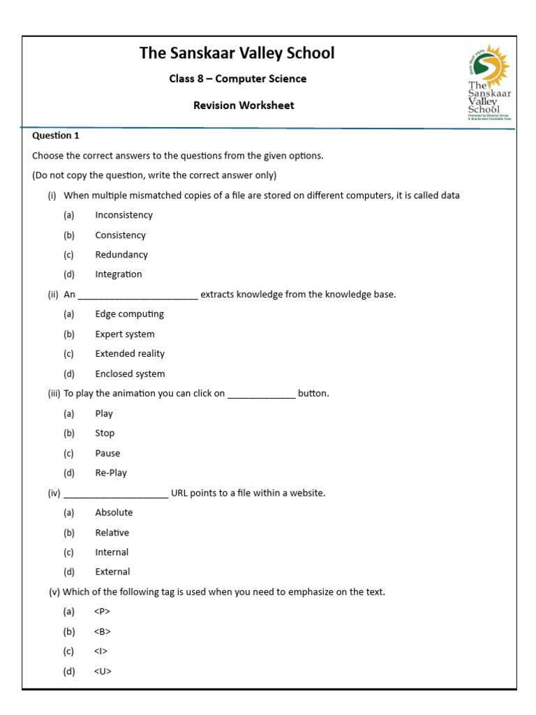 Class 8 Computer Science Revision Worksheet | PDF | Computer Network | Html
