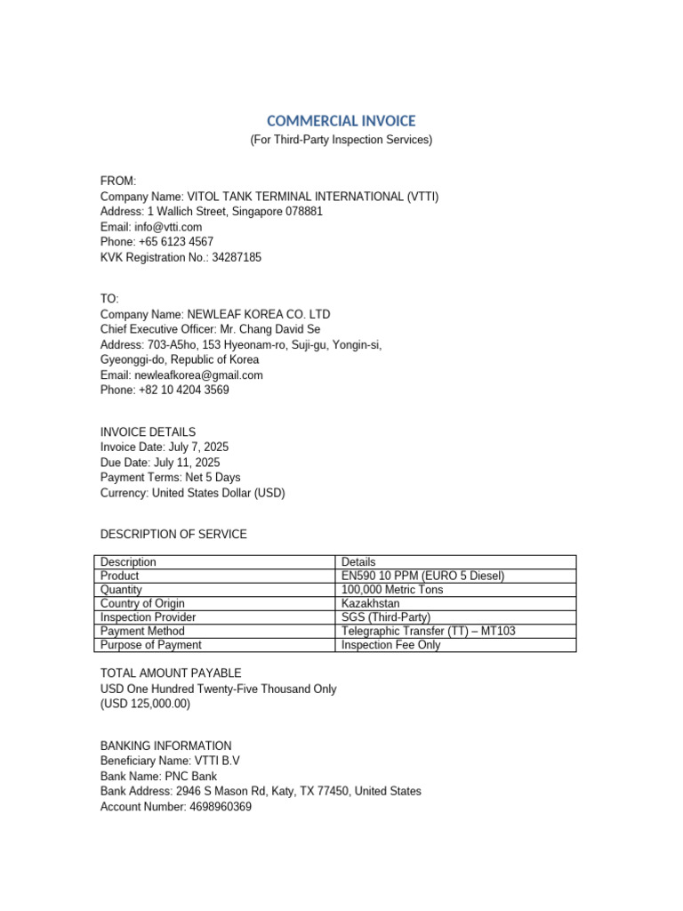 VTTI Commercial Invoice for SGS Inspection | PDF