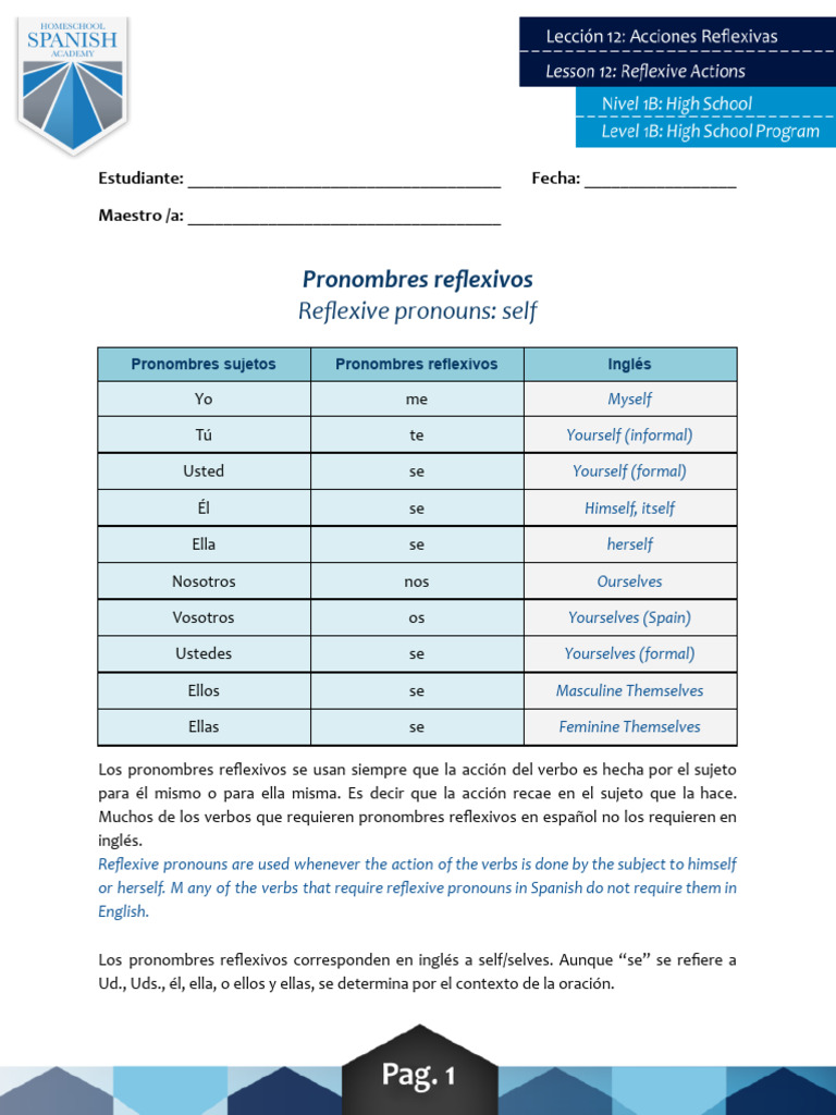 Pronombres Reflexivos en Español | PDF | Morfología Lingüística ...