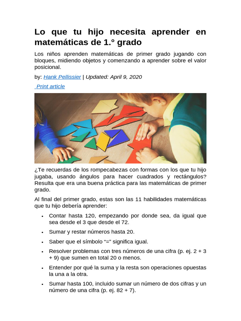 Lo Que Tu Hijo Necesita Aprender en Matemáticas de 1 | PDF | Sustracción